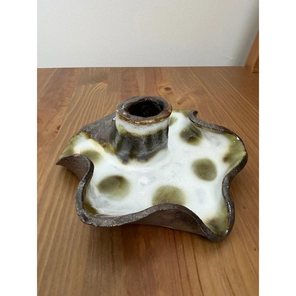 Studio Pottery Signed Chamberstick Candle Holder Polka Dot Brown White Green
